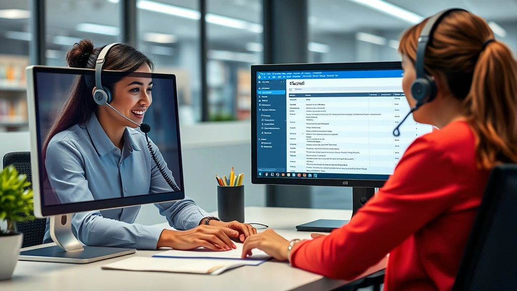 Customer service representative in modern office environment communicating product recall information to customer via phone with documentation and FDA recall database visible on monitor