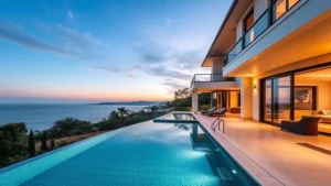 Luxury Mediterranean villa exterior with infinity pool overlooking coastal landscape, modern architecture, sunset lighting, professional real estate photography style
