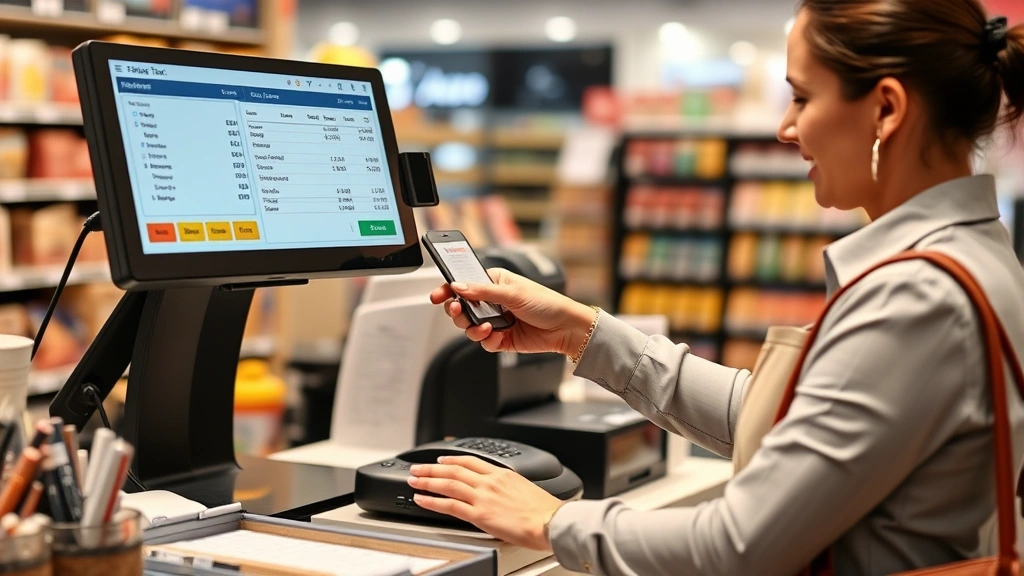Business owner processing customer payment at point-of-sale register in retail store with sales tax calculation displayed on screen
