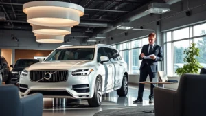 Professional luxury SUV showroom with elegant lighting, clean Volvo XC90 in silver or white, modern dealership interior with comfortable seating, professional sales consultant in business attire reviewing paperwork with customer, natural daylight from large windows, high-end automotive retail environment