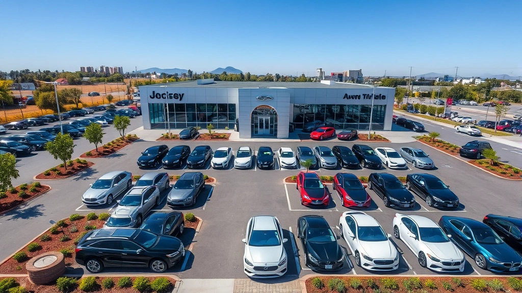 Aerial view of organized automotive dealership lot with multiple premium vehicles arranged in rows, professional landscaping, clear blue sky, modern dealership building in background, organized inventory display, professional automotive retail setting without signage or text