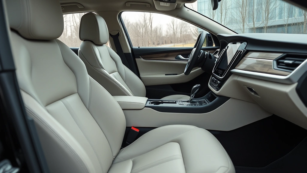 Close-up of luxury car interior detail shot showing premium leather seats, Volvo's minimalist dashboard design, advanced infotainment touchscreen, climate control systems, steering wheel detail, Scandinavian design aesthetic, premium automotive materials and craftsmanship