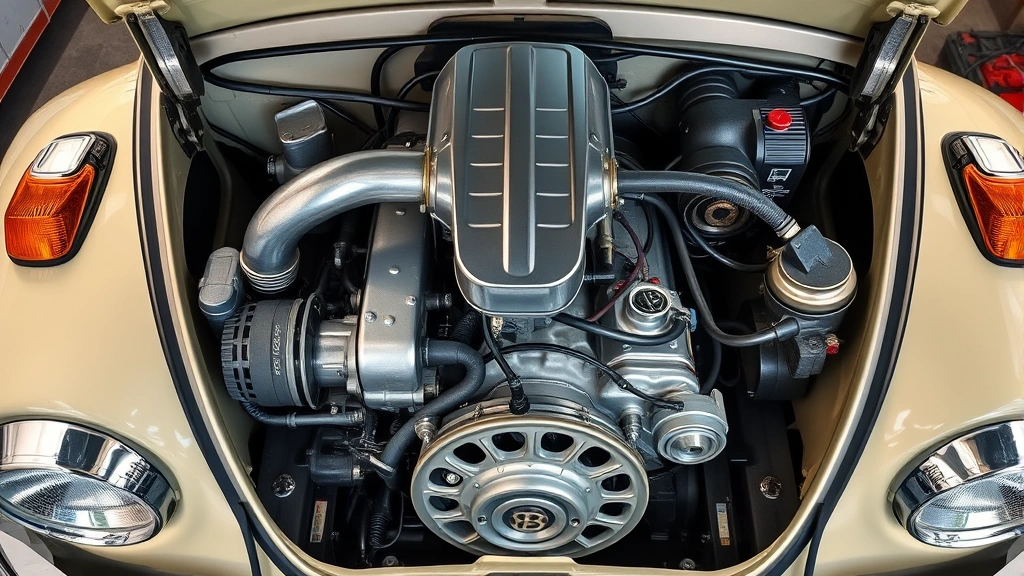 Close-up overhead view of classic VW Beetle engine compartment showing air-cooled engine components, polished metal parts, and mechanical systems in professional detail, automotive workshop lighting