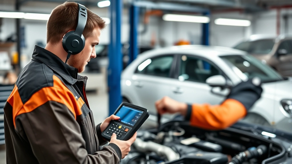 Professional automotive inspector using diagnostic equipment on modern Beetle in service bay, checking mechanical systems with computerized scanner, professional garage environment with tools
