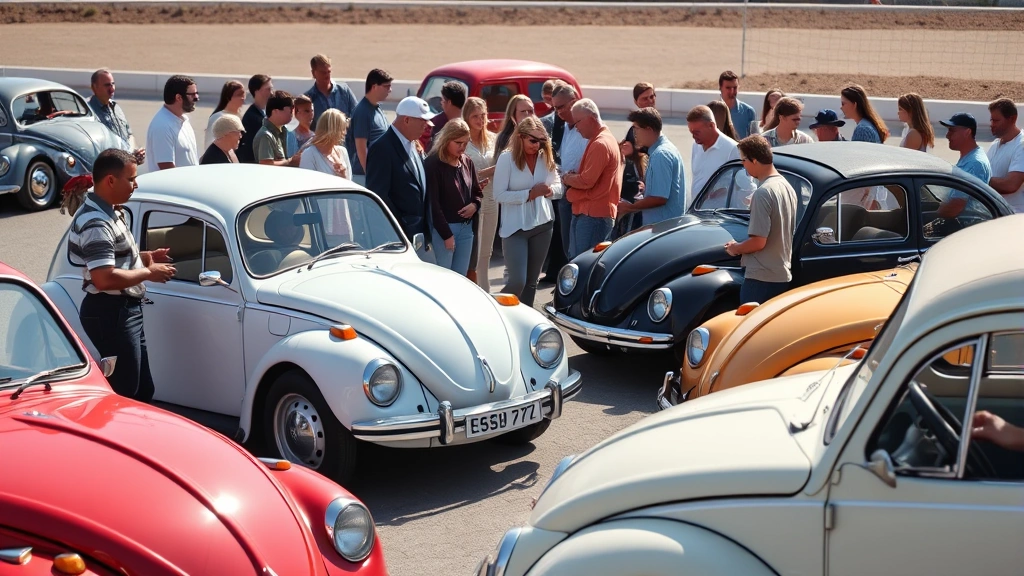 Diverse group of people examining different Beetle models in outdoor lot setting, comparing vehicles side-by-side, daylight illuminating classic and modern Beetles, potential buyers evaluating options