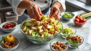 Professional chef's hands assembling Waldorf salad with fresh apples, celery, and walnuts on a marble countertop, natural daylight, commercial kitchen setting, fresh ingredients arranged in bowls