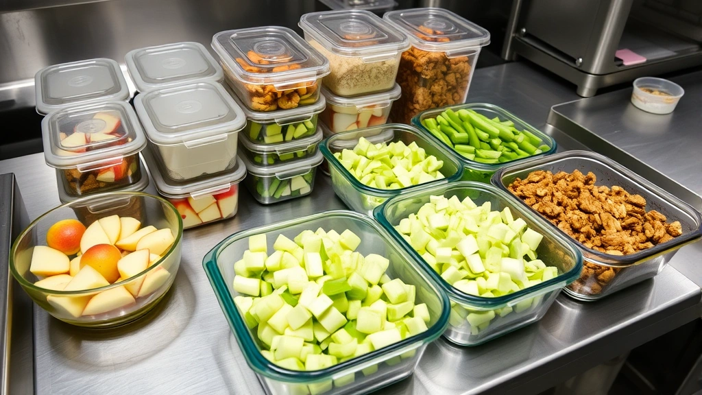 Commercial kitchen prep station with organized ingredient containers, sealed storage bowls of sliced apples in lemon juice, diced celery, and toasted walnuts, professional food service environment with stainless steel surfaces