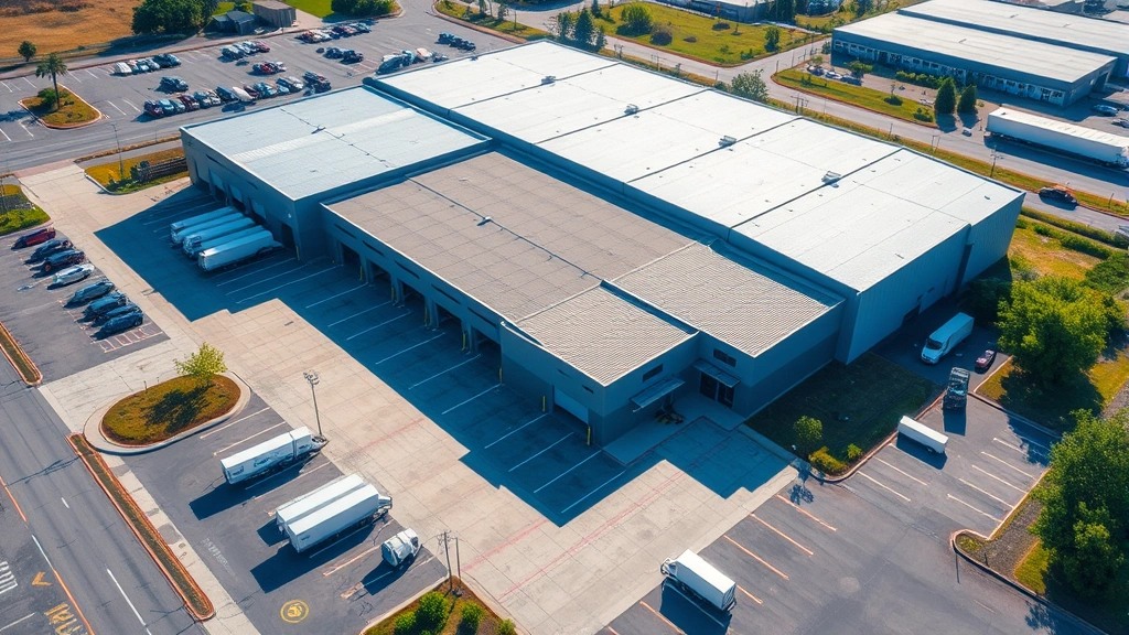 Aerial overhead view of modern industrial warehouse complex with loading docks, multiple trailers parked outside, organized parking areas, and surrounding commercial landscape in bright daylight