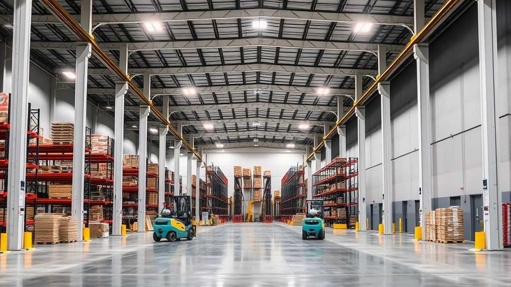 Interior shot of spacious warehouse with high 35-foot ceilings, clear column spacing, organized pallet racks, LED lighting systems, and clean polished concrete flooring with professional equipment