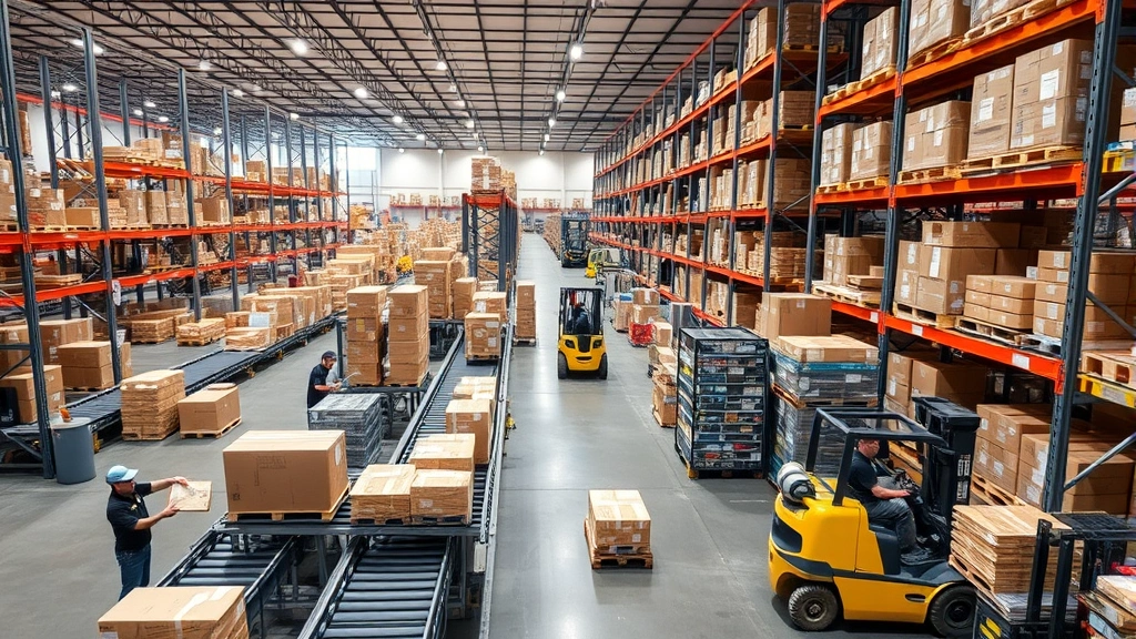 Busy warehouse logistics operation showing workers coordinating package movement, conveyor systems, forklift activity, organized inventory sections, and efficient workflow in well-lit professional environment