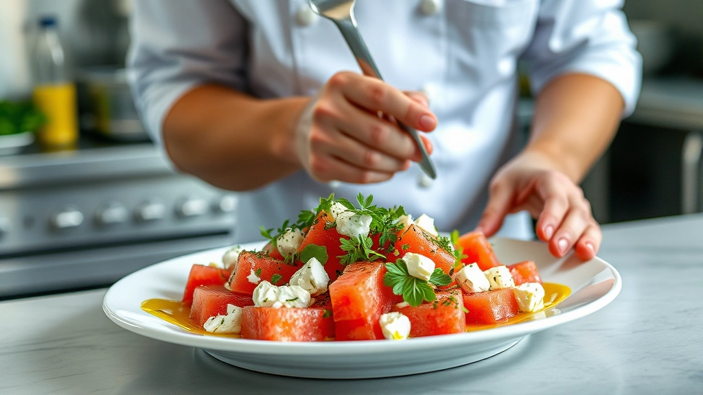 Professional chef plating a vibrant watermelon feta salad with artistic herb garnishes and olive oil drizzle on white ceramic plate, commercial kitchen background, natural lighting