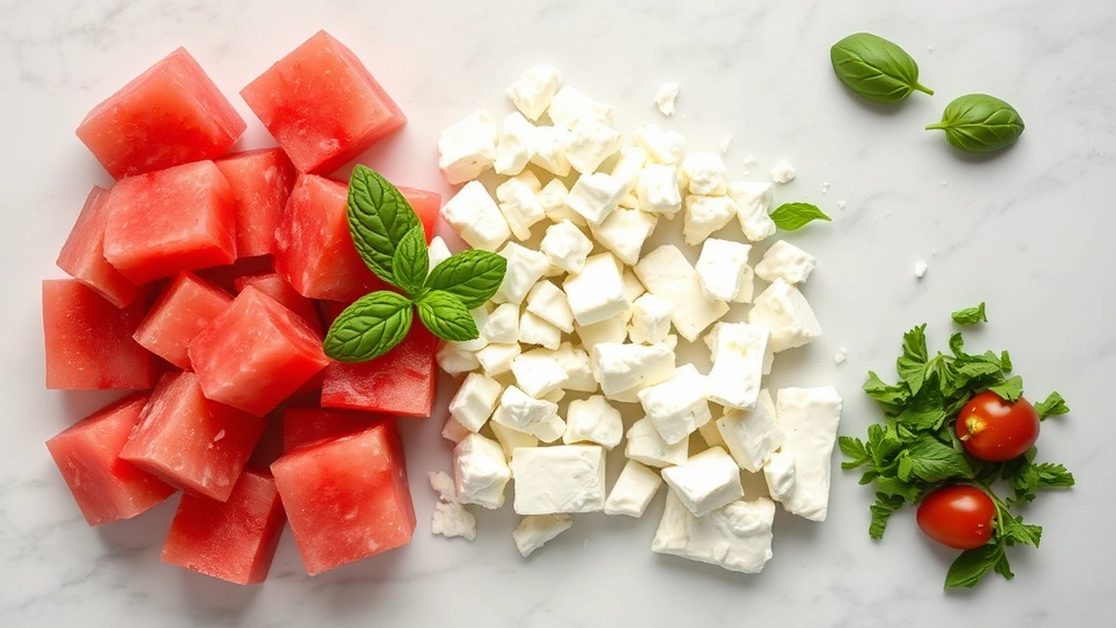 Overhead shot of fresh watermelon cubes, white crumbled feta cheese, and mixed fresh herbs (mint, basil) arranged separately on marble prep surface, professional food styling