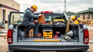 Professional commercial contractor loading tools and equipment into the bed of a new heavy-duty pickup truck at a job site, showcasing payload capacity and bed organization systems