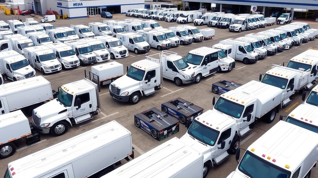 Fleet of identical white and blue work trucks parked in organized rows at a commercial dealership lot, demonstrating standardized fleet operations and business purchasing