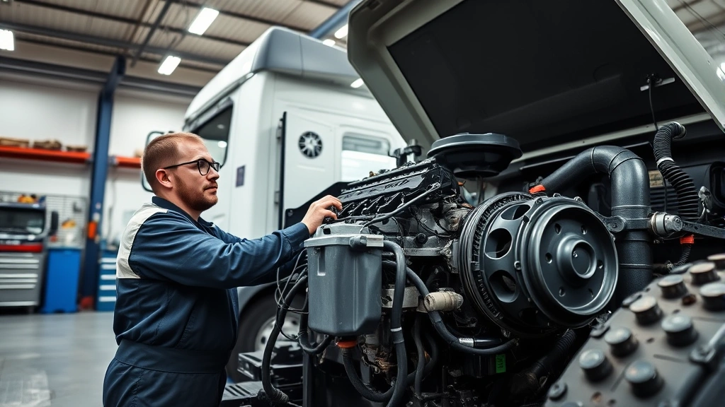 Technician performing maintenance on a modern work truck engine in a well-equipped commercial service bay, highlighting dealer support and technical expertise for business vehicles