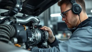 Professional automotive mechanic inspecting turbocharged engine in modern workshop, using diagnostic equipment, detailed close-up of engine components with professional tools and lighting