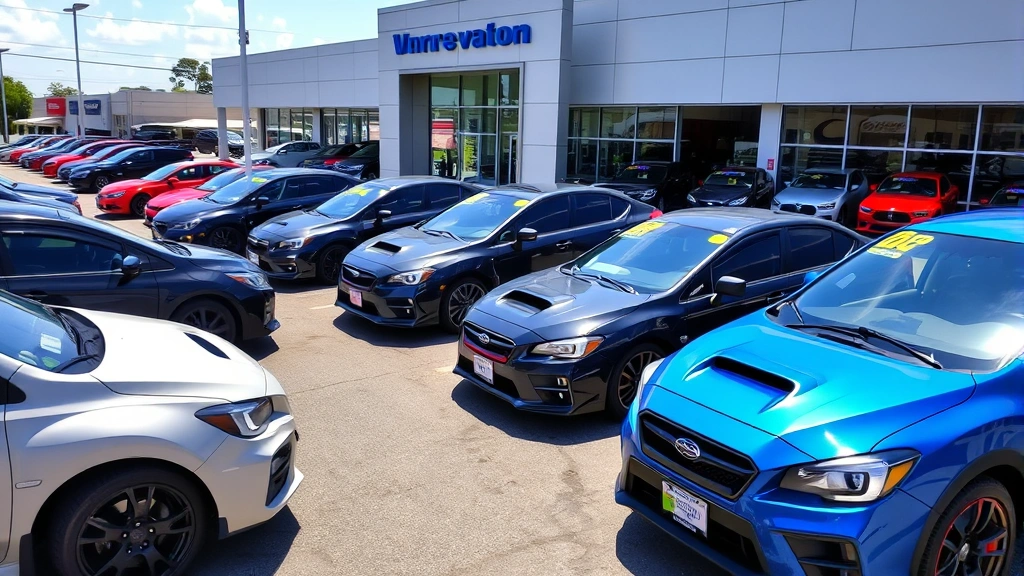 Used car dealership lot displaying performance vehicles including WRX models, organized inventory with clear pricing signage, professional photography of vehicles in daylight with dealership building background
