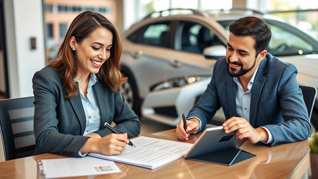Satisfied customer reviewing vehicle purchase documents at dealership desk with sales representative, professional business environment with paperwork, pen, and digital tablet showing financing details