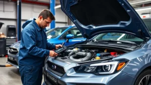 Professional mechanic performing detailed inspection on turbocharged Subaru performance sedan, using diagnostic equipment and checking engine components, well-lit automotive workshop setting