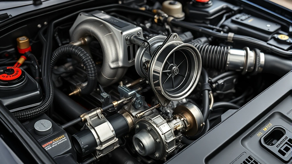 Close-up of turbocharger assembly and engine bay components on performance vehicle, showing mechanical complexity and turbocharged engineering details in detailed focus