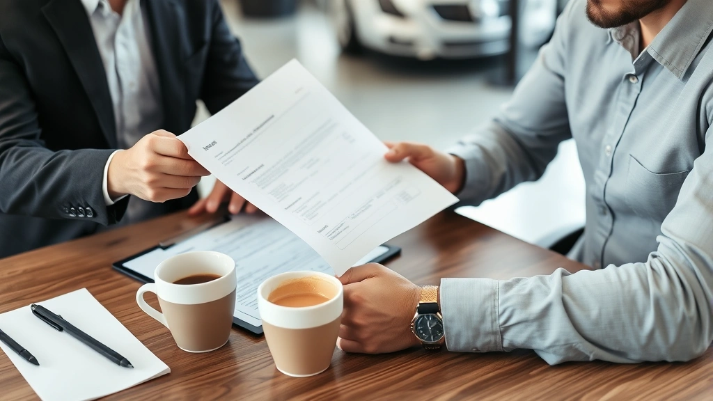 Automotive salesperson and buyer reviewing vehicle documentation and purchase agreement at desk with coffee cups, representing commercial transaction and negotiation process