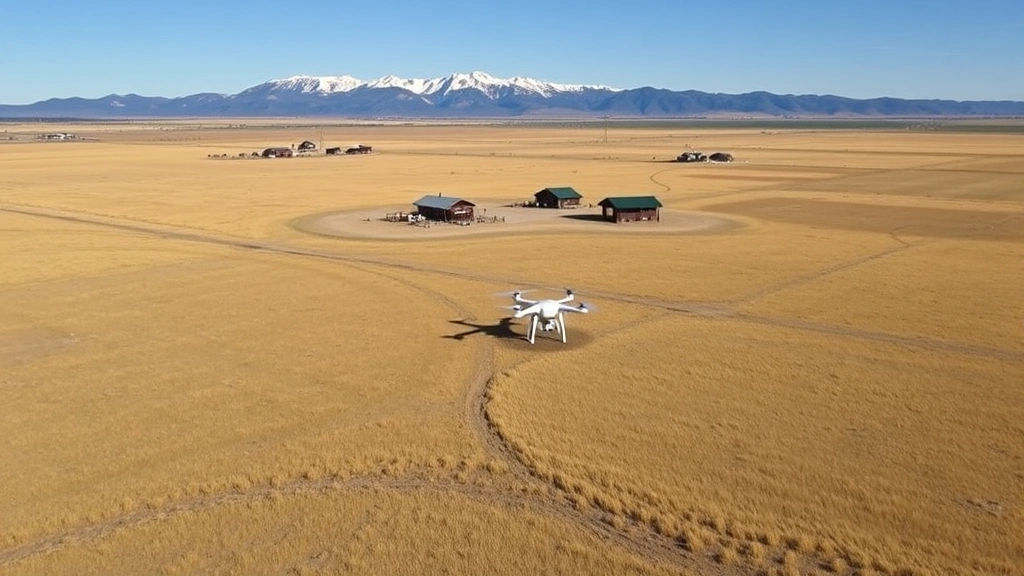 Aerial drone photograph of sprawling Wyoming ranch landscape with open fields, ranch buildings in distance, mountain backdrop, clear blue sky, professional agricultural property photography