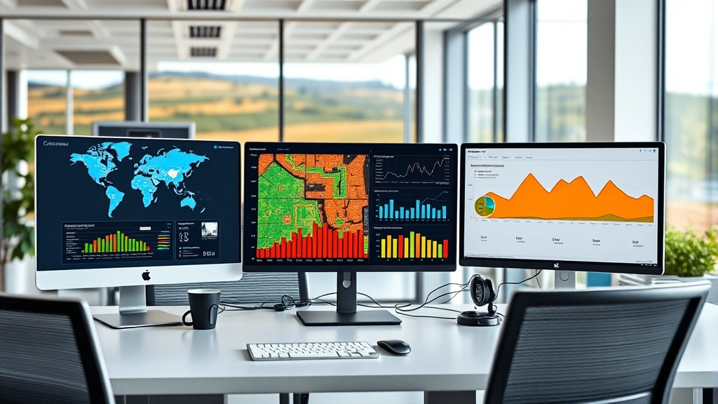 Interior office workspace with multiple computer monitors displaying property maps, financial data charts, and agricultural analytics dashboards, modern business environment, professional setting