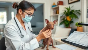 Professional breeder examining a hairless Xoloitzcuintli puppy in a clean, well-lit home environment with health certificates visible on a desk nearby, showing responsible breeding practices