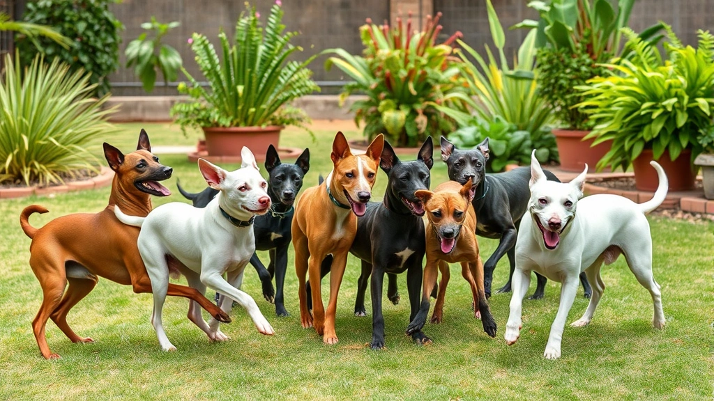 Diverse group of healthy Xoloitzcuintli dogs of various colors and sizes playing together in a spacious outdoor garden, demonstrating breed diversity and proper living conditions