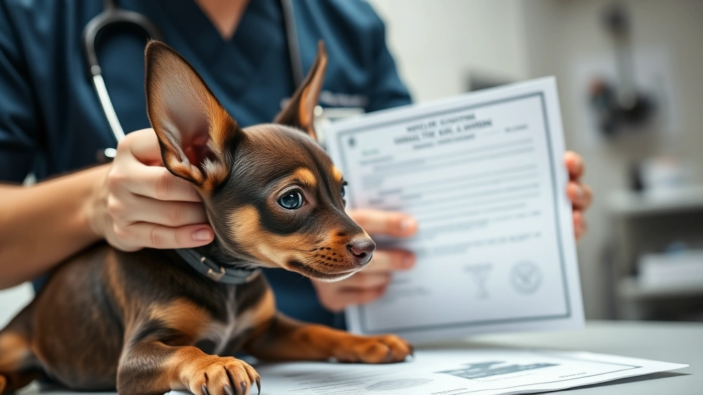 Close-up of veterinary professional reviewing health documentation and certification papers for a Xoloitzcuintli puppy during a pre-purchase health examination in a modern veterinary clinic