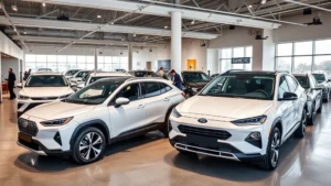 Professional luxury car dealership showroom displaying multiple premium compact crossovers with customers browsing vehicles, bright modern lighting, polished concrete floors, contemporary automotive retail environment