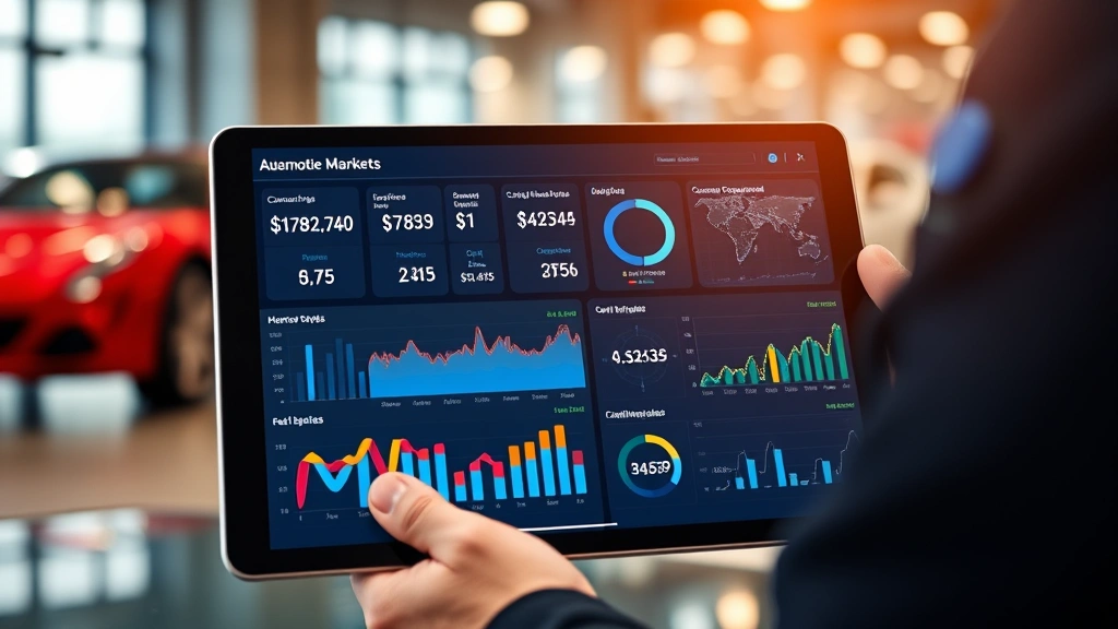 Detailed automotive market analytics dashboard on tablet screen showing vehicle pricing data, inventory levels, consumer demand charts, and market trend graphs in professional business setting