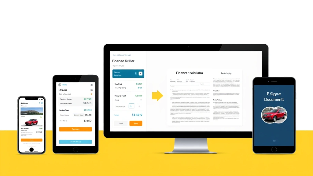 Digital automotive transaction process visualization showing online vehicle listing, financing calculator, and e-signature documentation on multiple devices representing modern car buying experience