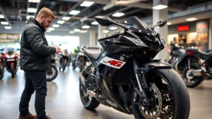 Professional motorcyclist examining Yamaha R6 sport bike in dealer showroom, checking mechanical components and overall condition under bright lighting