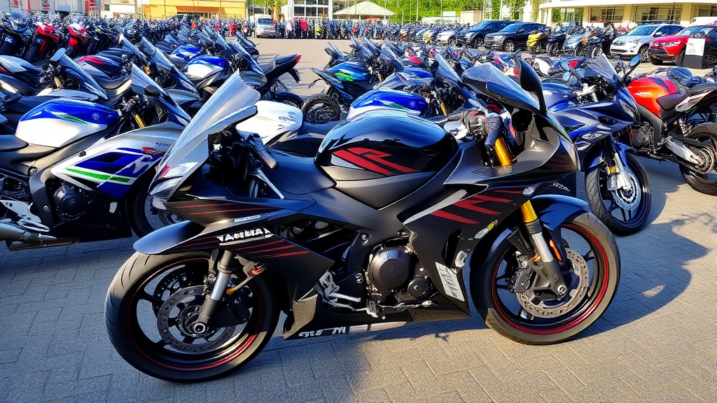 Multiple used Yamaha R6 motorcycles displayed in organized motorcycle dealership lot during daytime, showing various colors and conditions