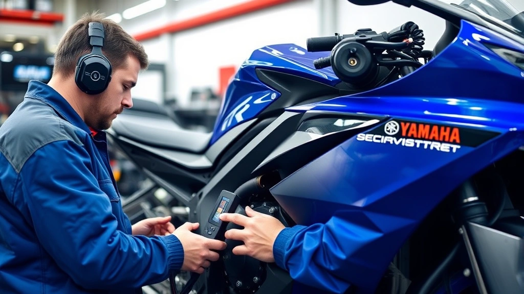 Motorcycle mechanic using diagnostic equipment to inspect Yamaha R6 engine and mechanical systems in professional service shop environment
