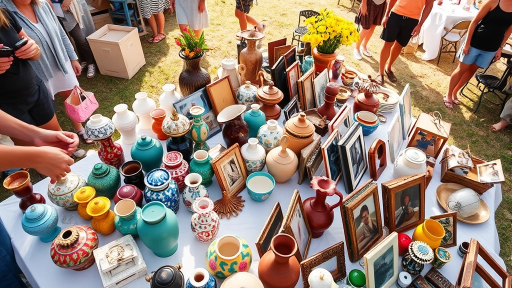Overhead view of hands sorting through colorful vintage items at an outdoor yard sale table, including ceramic vases, picture frames, and decorative objects arranged neatly on white tablecloth, morning sunlight creating soft shadows, shoppers browsing in blurred background