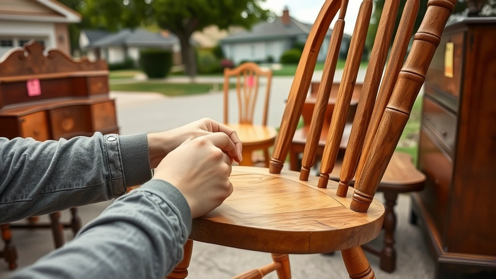 Close-up of hands examining a classic wooden chair at a residential driveway yard sale, checking construction quality and stability, multiple price-tagged furniture items visible in soft focus, suburban neighborhood setting with houses and trees