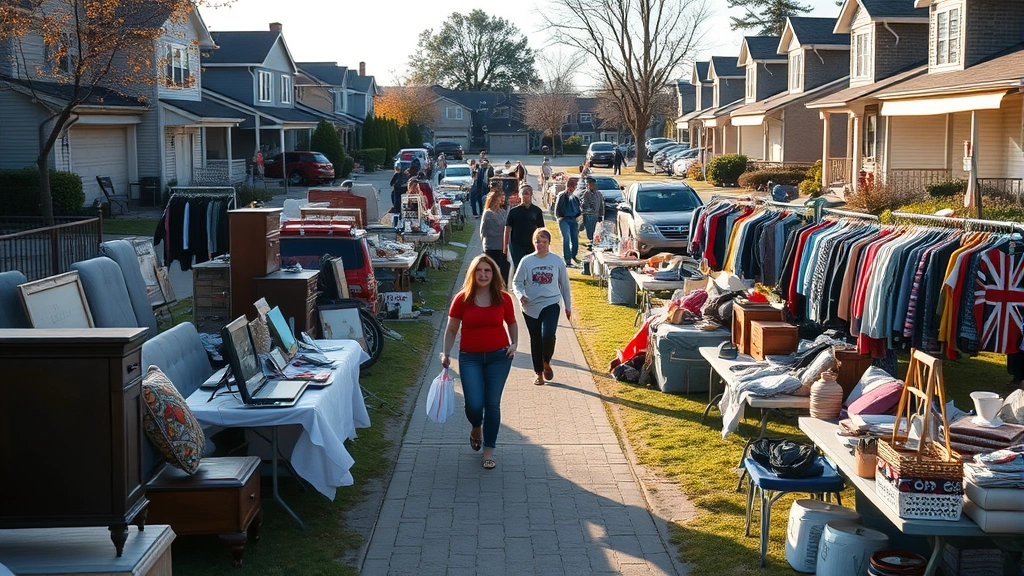 Wide shot of a busy yard sale in residential neighborhood with multiple tables displaying merchandise, shoppers walking between displays with shopping bags, early morning light, diverse items including furniture, clothing racks, and household goods
