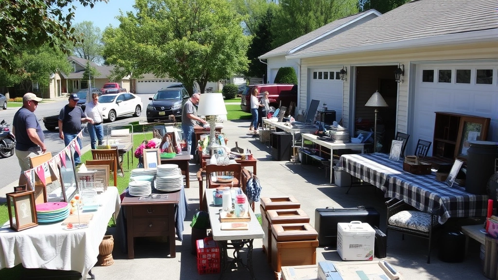 Organized outdoor yard sale setup with tables displaying various household items, furniture, and merchandise neatly arranged in a residential driveway, customers browsing items, sunny day