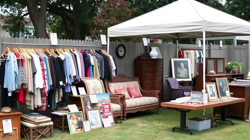 Professional yard sale display showing categorized items with clear price tags, clothing racks, furniture pieces, and organized merchandise tables with canopy tent protection