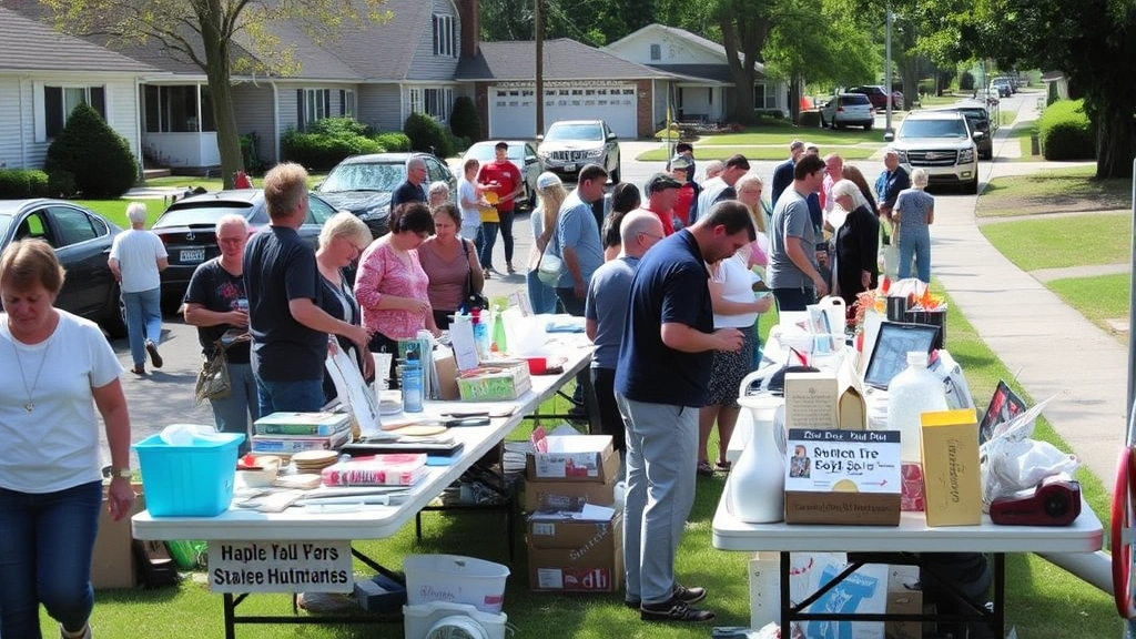 Busy yard sale scene with multiple customers shopping, examining items, and conducting transactions at tables, neighborhood residential setting, natural daylight