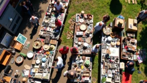 Overhead view of diverse shoppers browsing tables filled with vintage items, collectibles, and household goods at outdoor yard sale on sunny morning, people examining merchandise
