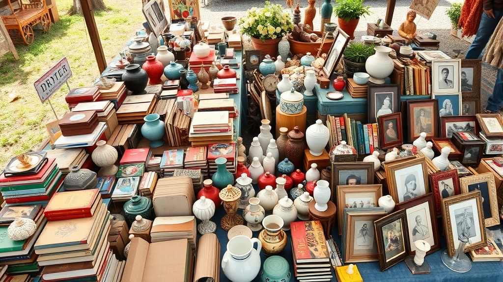 Overhead view of colorful yard sale items arranged on tables including vintage books, ceramic vases, picture frames, and household goods, natural daylight, busy weekend morning atmosphere