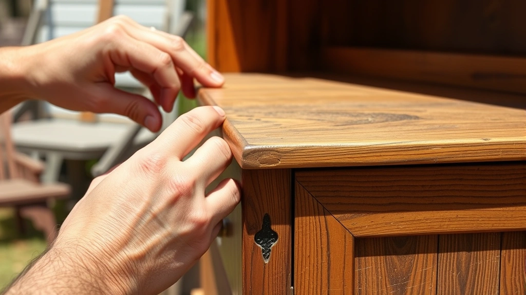 Close-up of hands examining a vintage wooden furniture piece at an outdoor yard sale, inspecting joints and wood condition, natural sunlight highlighting grain patterns and craftsmanship details