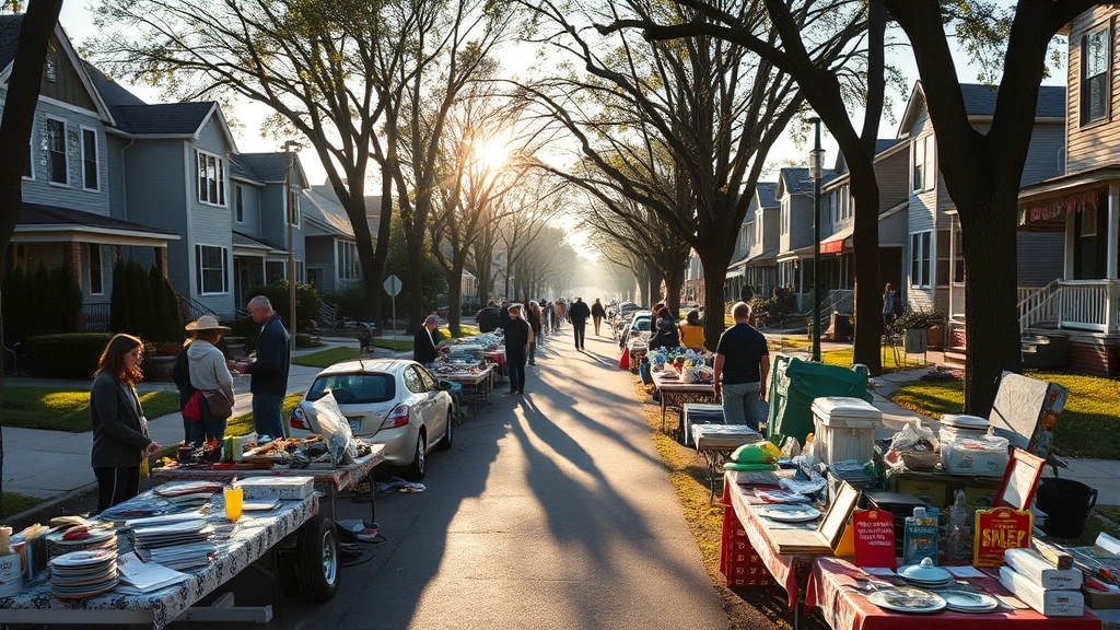 Wide shot of neighborhood yard sale scene with multiple tables displaying merchandise, shoppers browsing items, price tags visible, tree-lined residential street, morning light casting long shadows