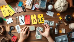 Overhead flat lay of colorful yard sale price tags and cash money on wooden table, shopper's hands reaching for vintage items, natural daylight streaming across merchandise