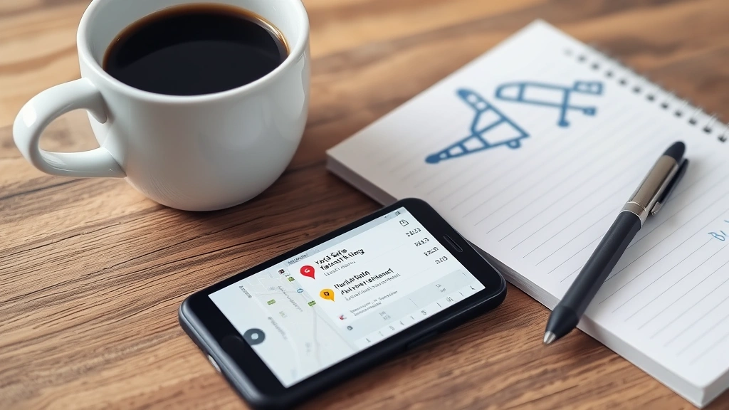 Mobile phone displaying yard sale listing app with map view showing multiple location pins, coffee cup and notepad with route planning notes beside device on desk