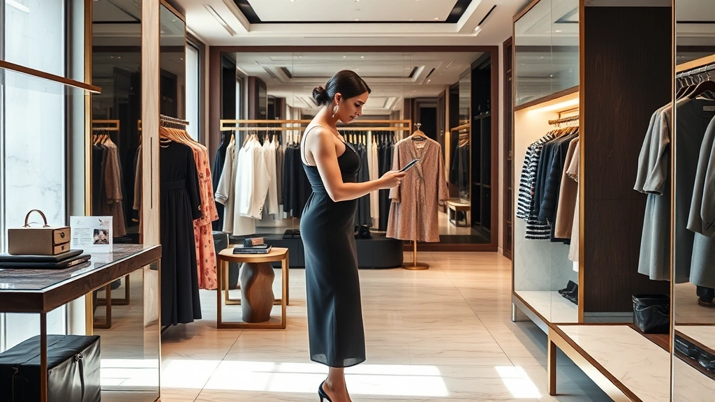 Luxury fashion shopping scene: elegant woman in sophisticated dress examining designer garment in upscale boutique, soft natural lighting, marble surfaces, carefully curated retail environment, professional styling, high-end atmosphere