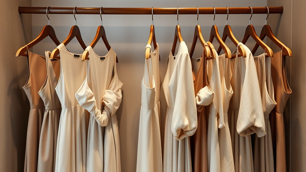 Organized luxury wardrobe display: premium silk dresses in neutral tones arranged on elegant wooden hangers, soft ambient lighting highlighting fabric textures, capsule collection aesthetic, minimalist styling, investment pieces showcase